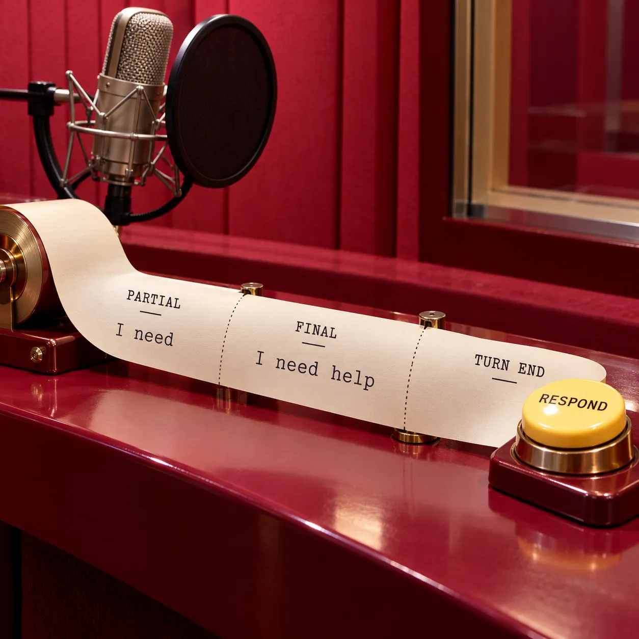 A physical ribbon separates partial text, finalized text and the end of a conversational turn