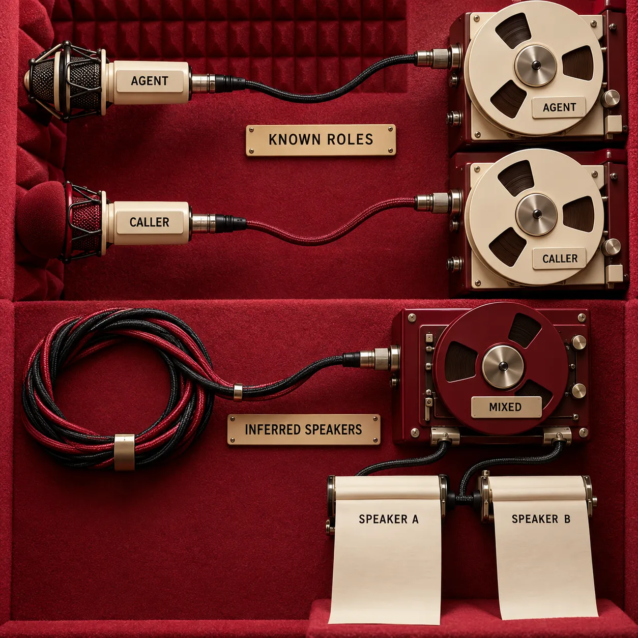 Separate agent and caller cables preserve known roles, while a mixed recording produces inferred speaker labels