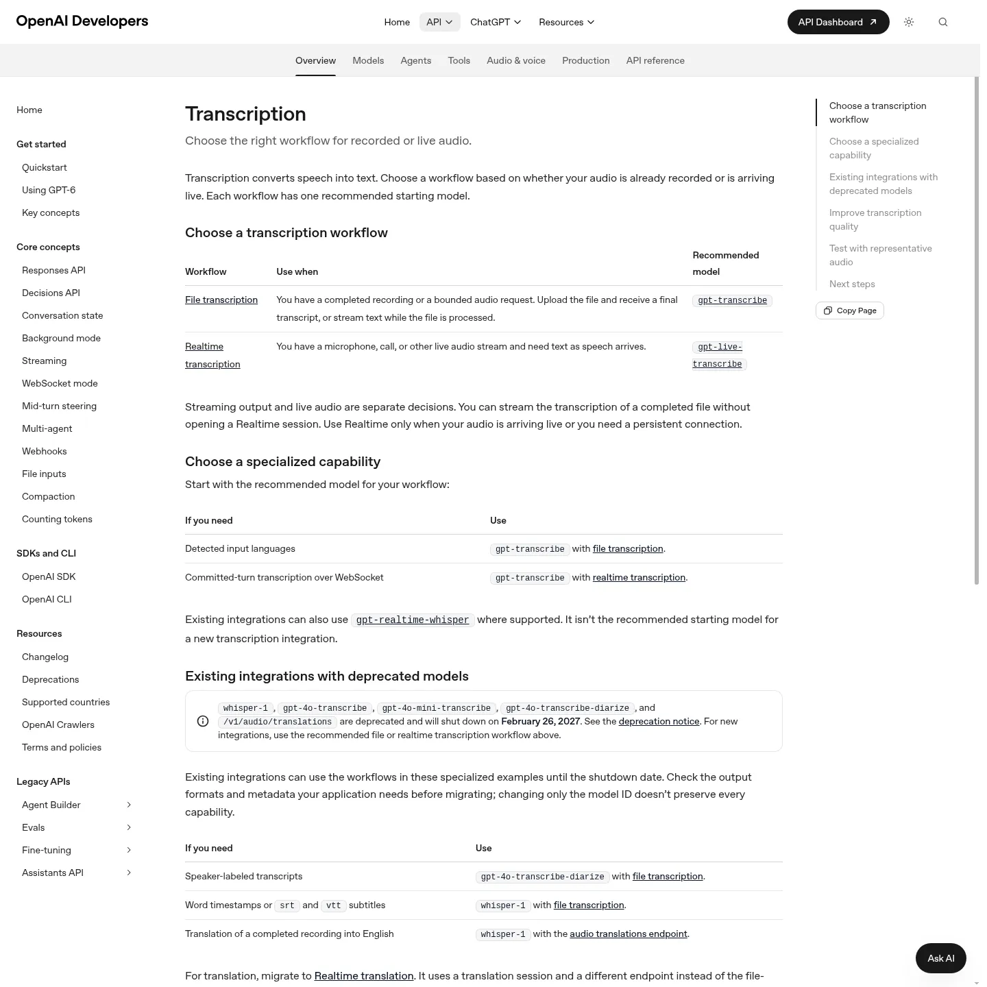 OpenAI's transcription guide separating file and realtime workflows