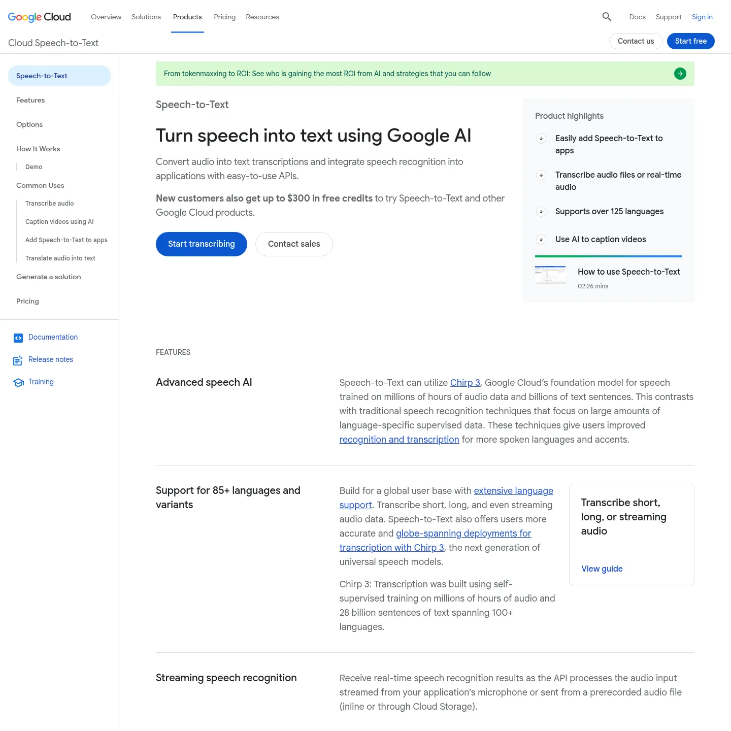 Google Cloud Speech-to-Text product page and Chirp transcription options