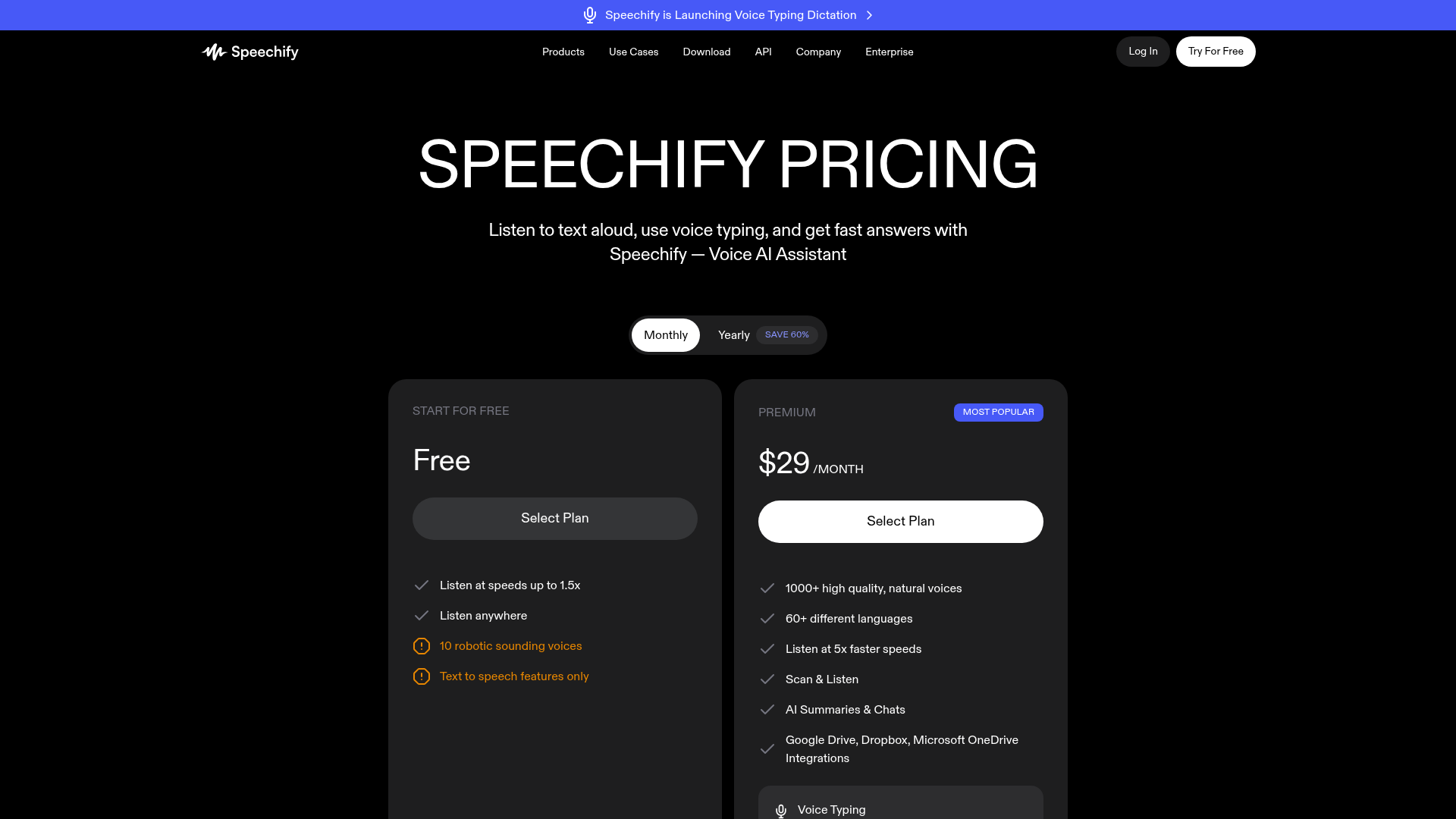 Speechify pricing page showing the Free and Premium Reader plans
