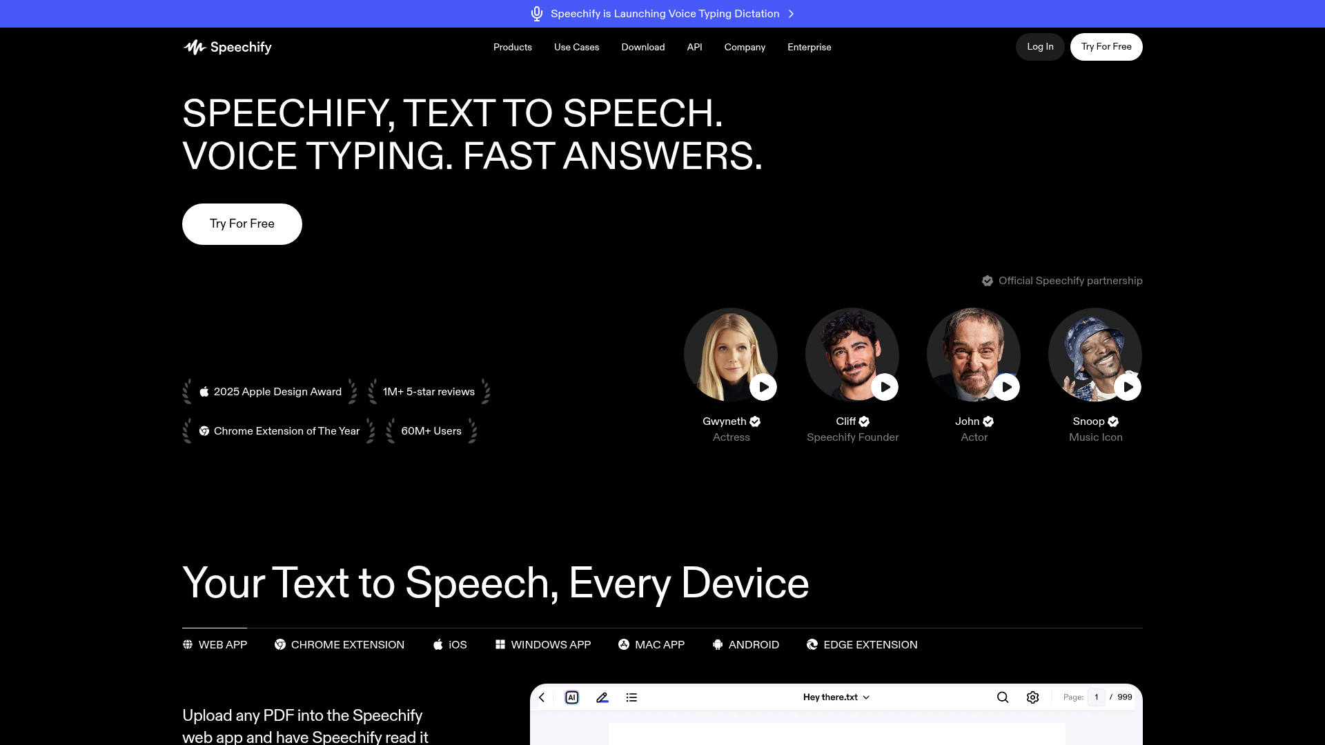 Speechify homepage showing its reading and listening products