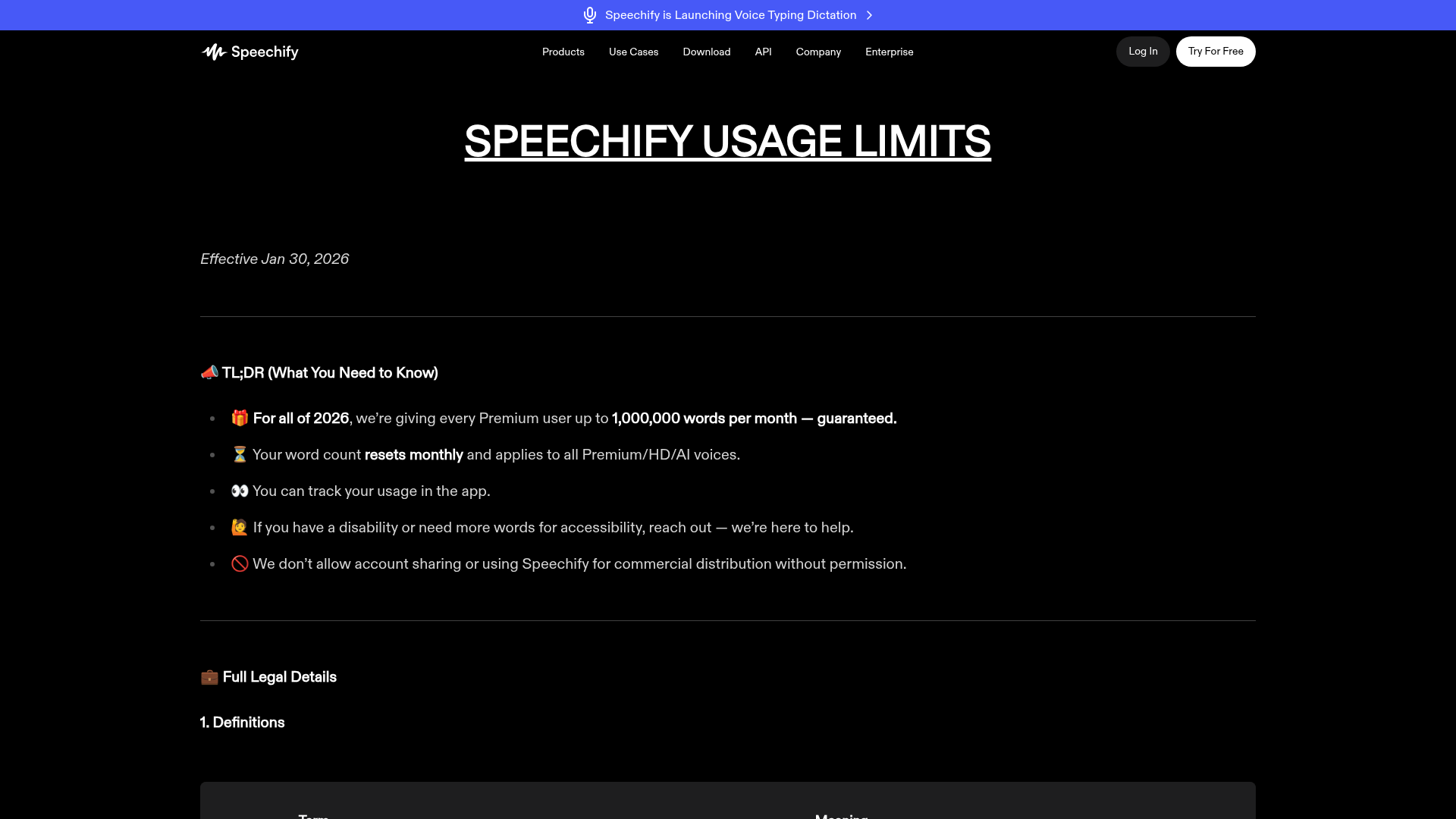 Speechify usage limits page showing the 2026 Premium Voice allowance and baseline
