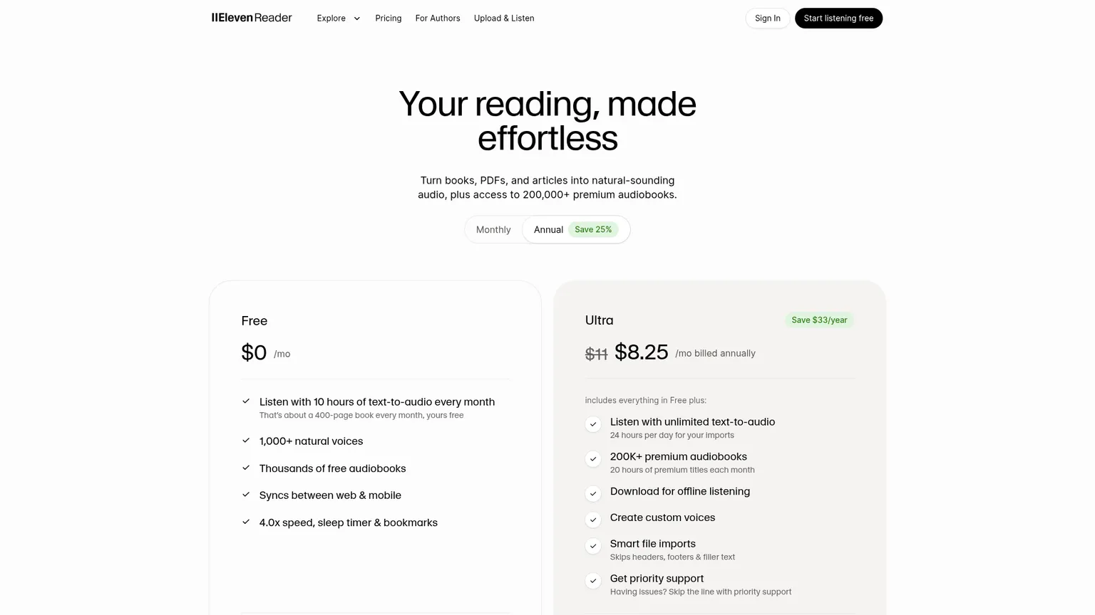 ElevenReader pricing page showing Free and Ultra plans