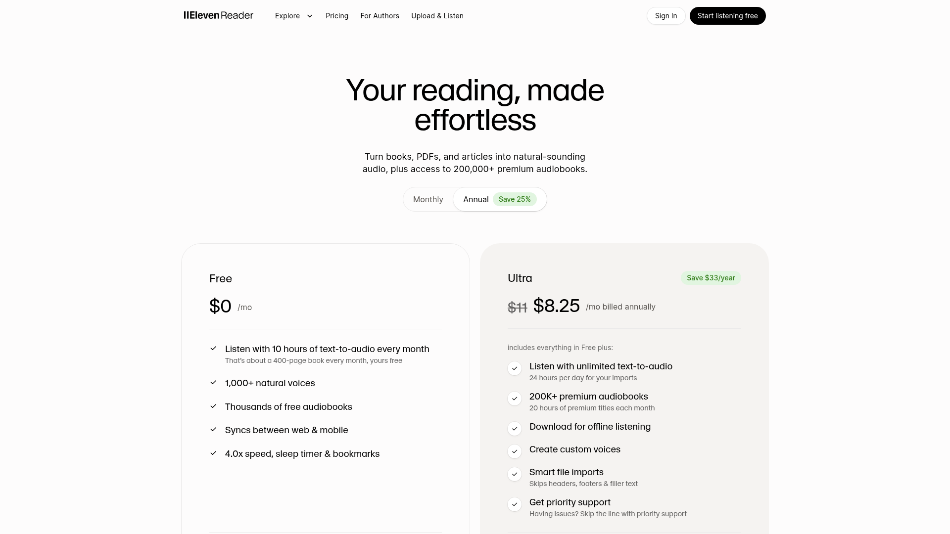 ElevenReader pricing page showing Free and Ultra plans