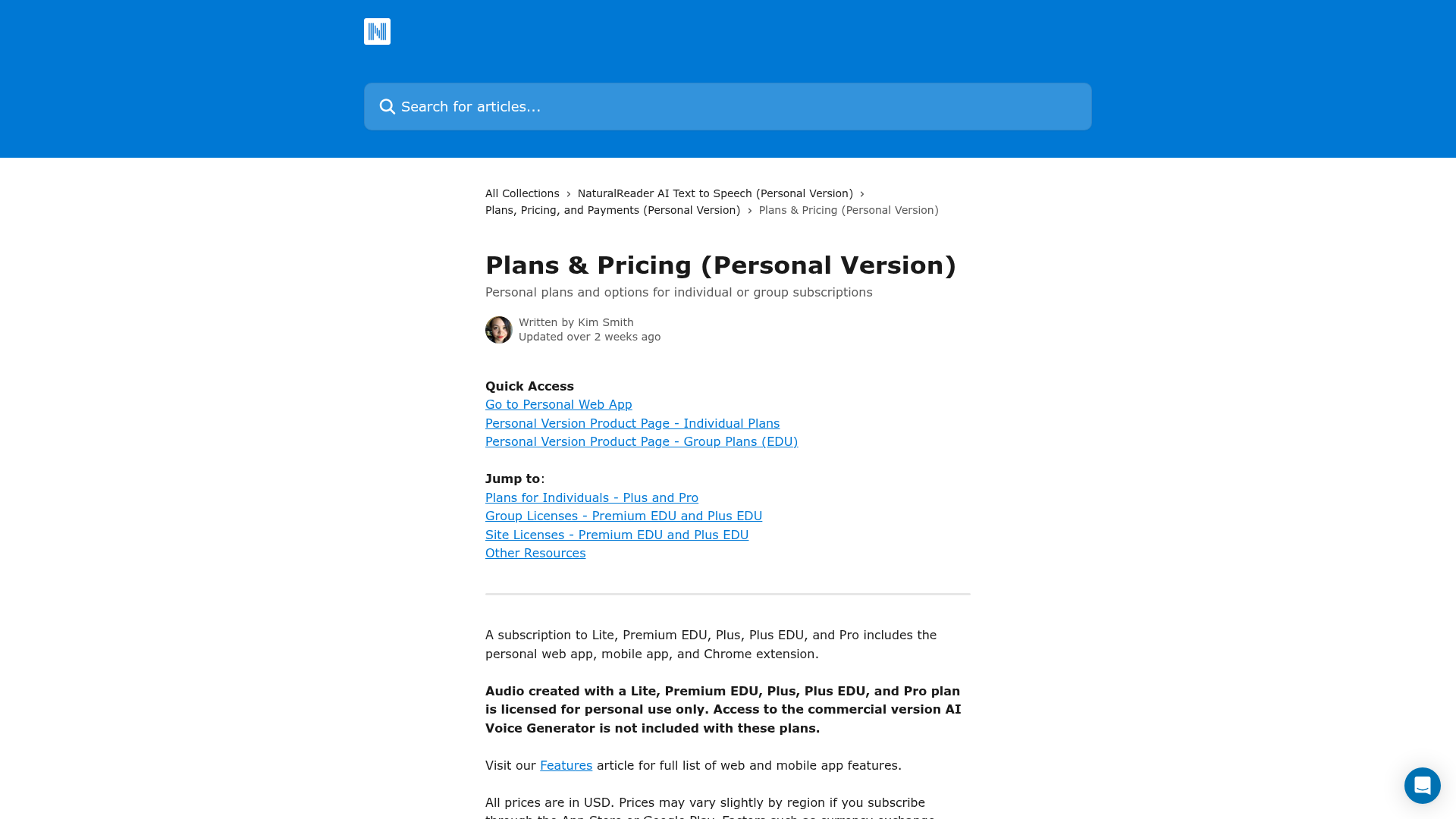 NaturalReader Personal pricing page with Lite, Plus, and Pro plans