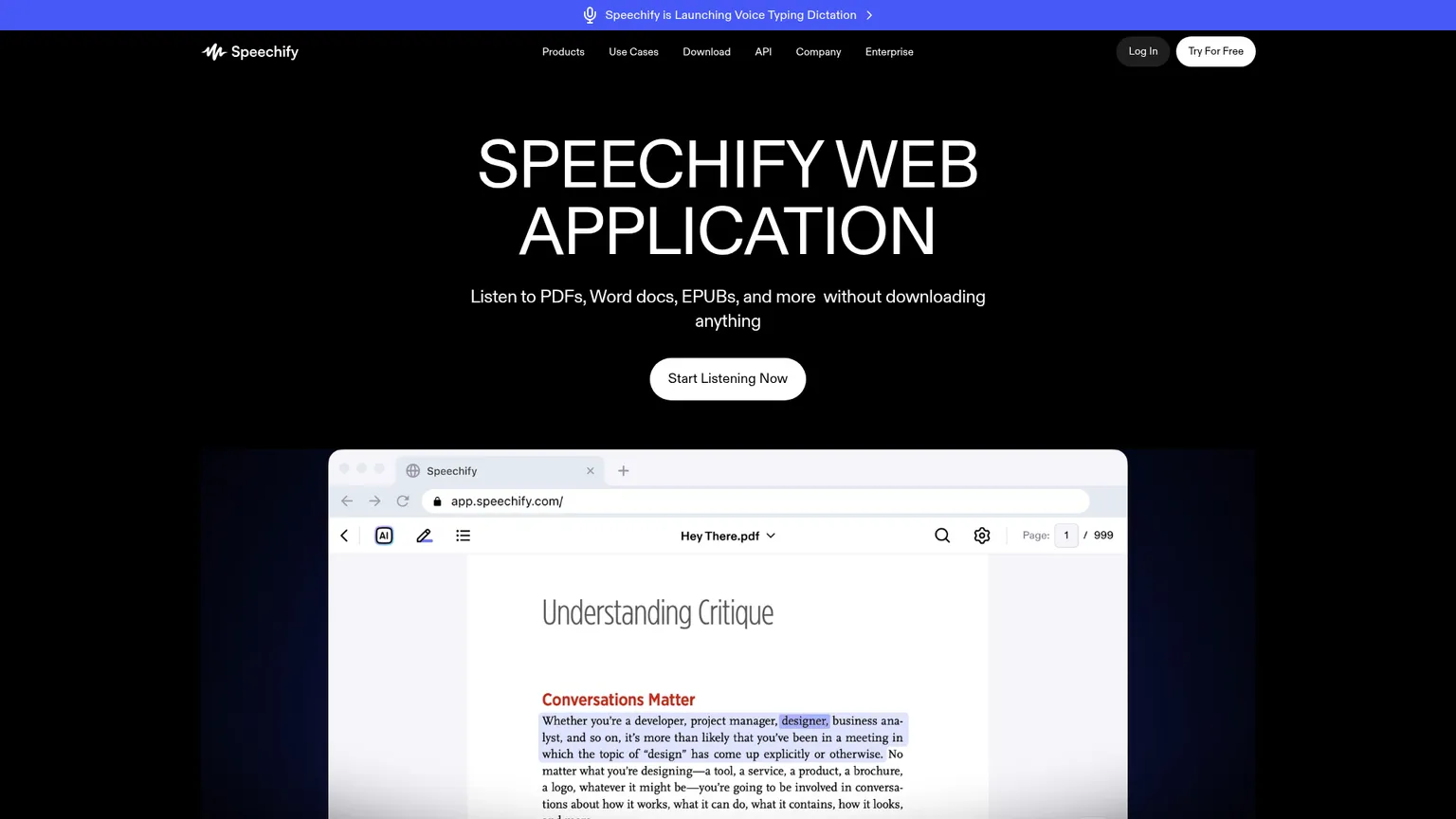 Speechify web app page showing document listening features