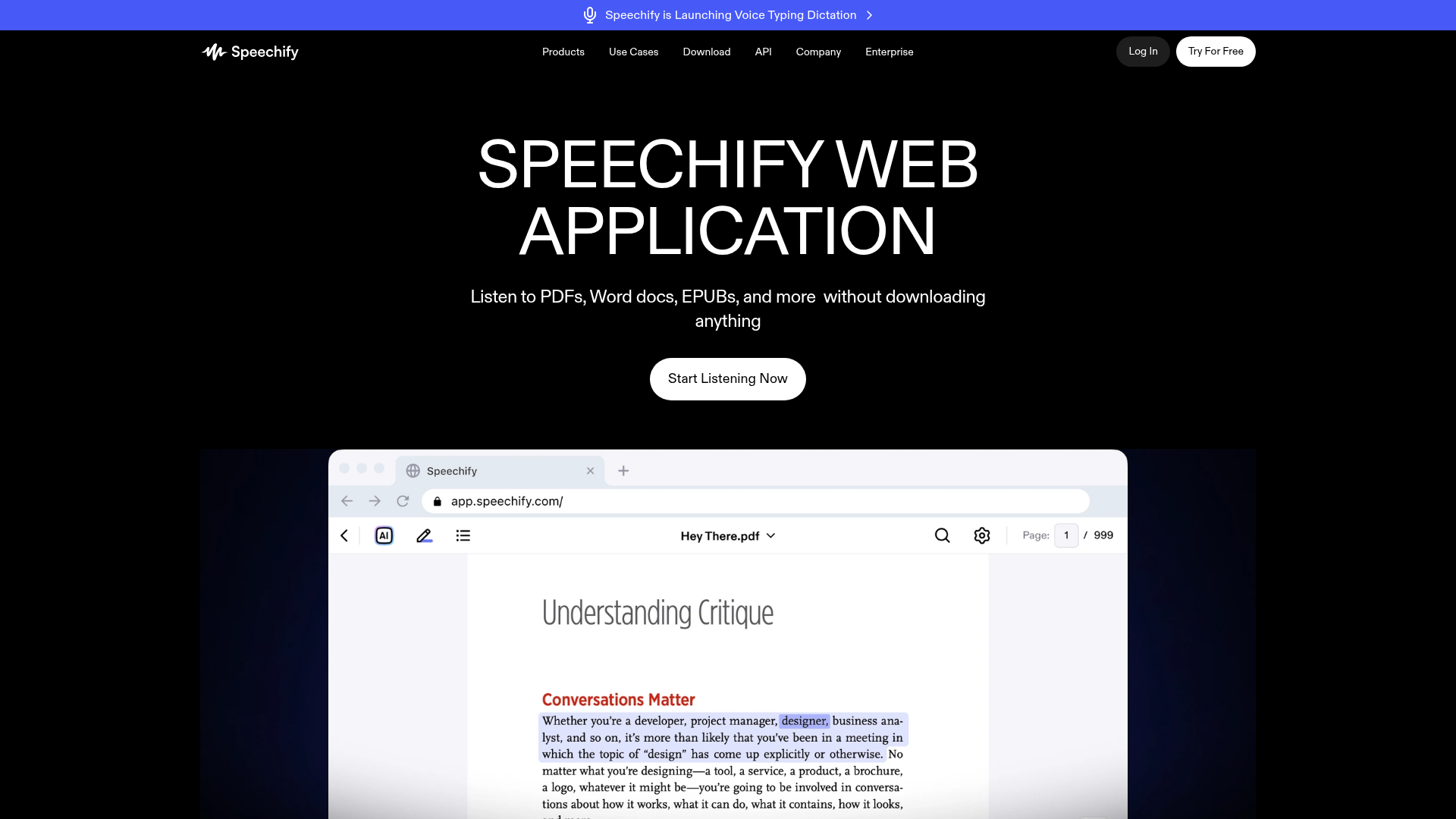 Speechify web app page showing document listening features