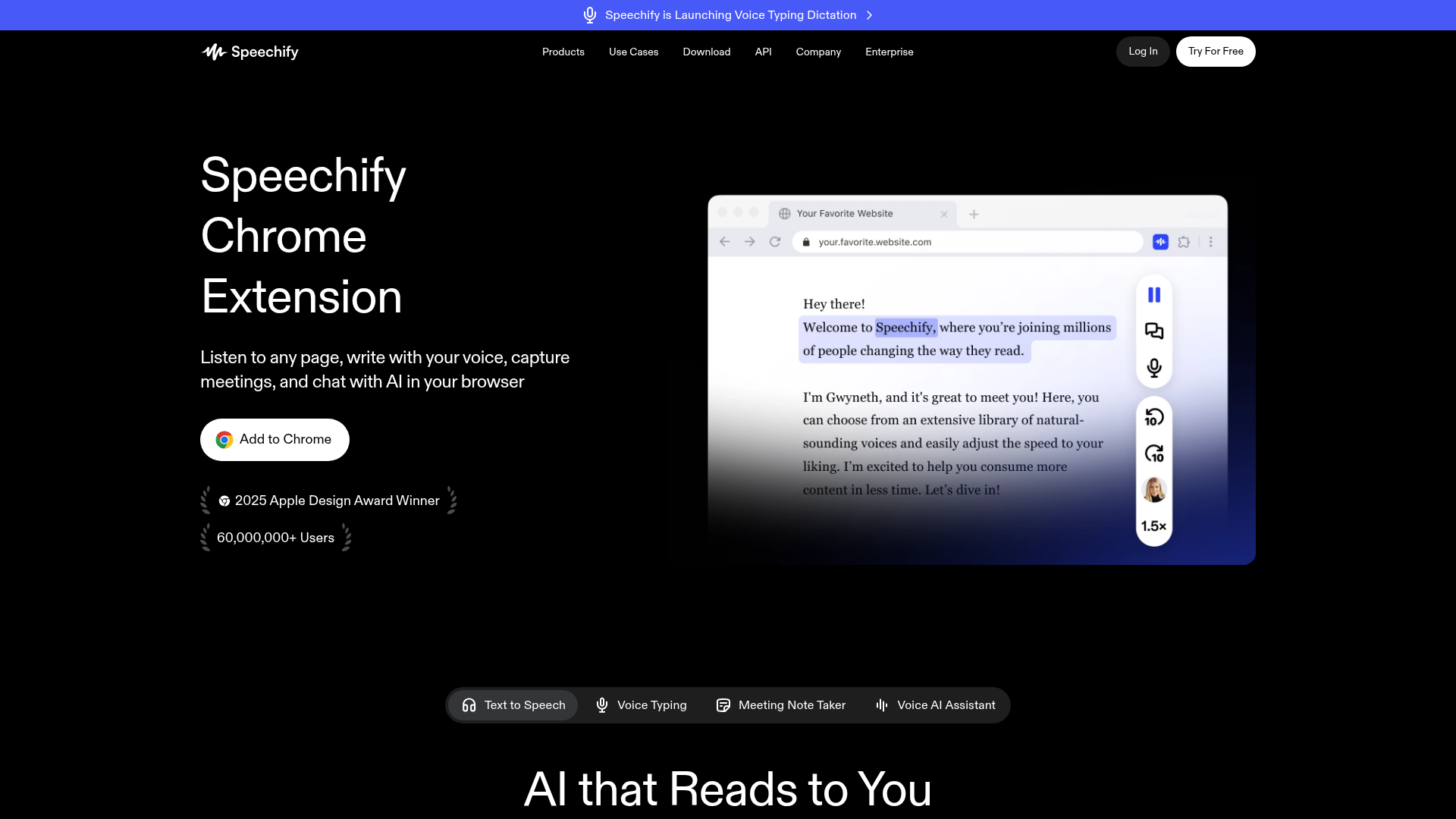 Speechify Chrome extension page showing sidebar playback and synchronized highlighting