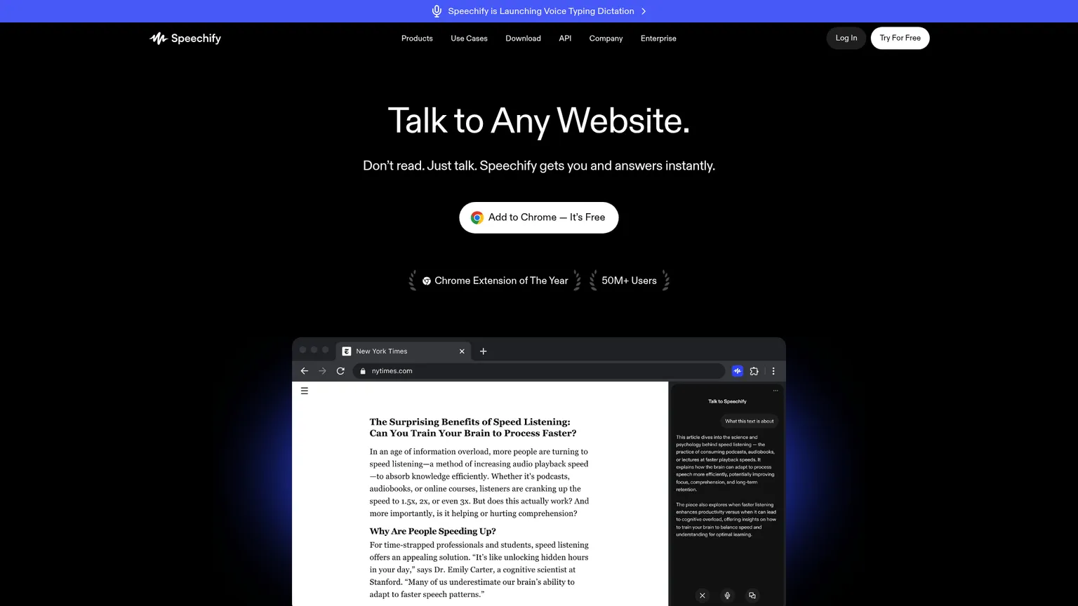 Speechify Voice AI Assistant page showing webpage questions and summaries