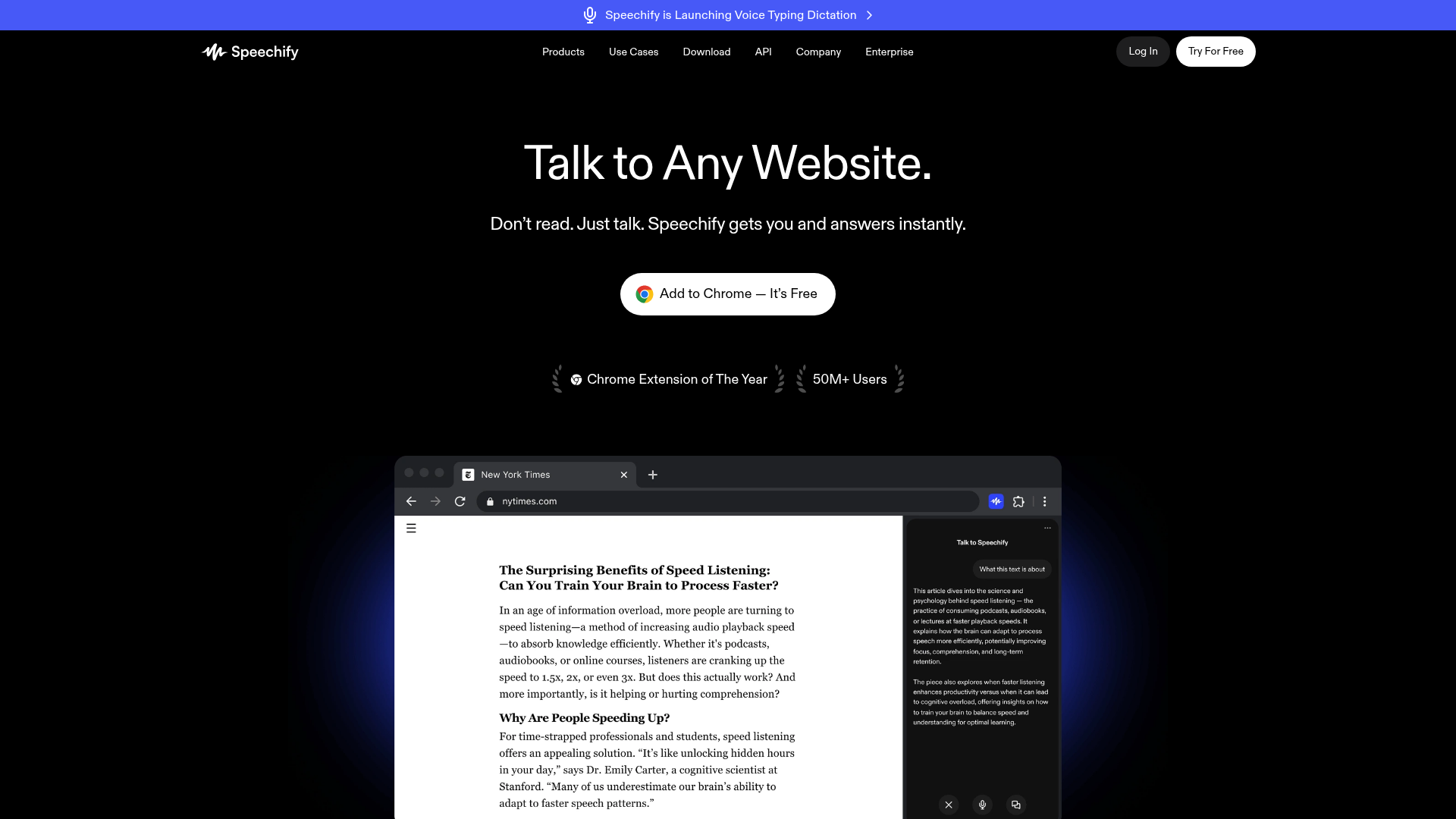 Speechify Voice AI Assistant page showing webpage questions and summaries