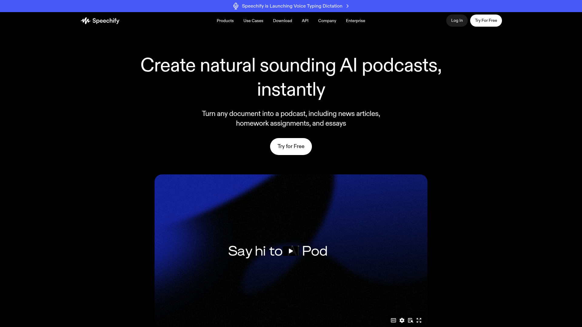 Speechify AI Podcasts page showing Podcast, Late Night Show, Debate, and Lecture styles