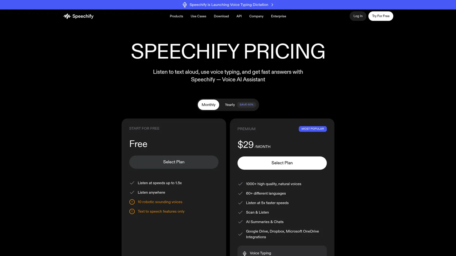 Speechify pricing page showing Free and Premium Reader tiers