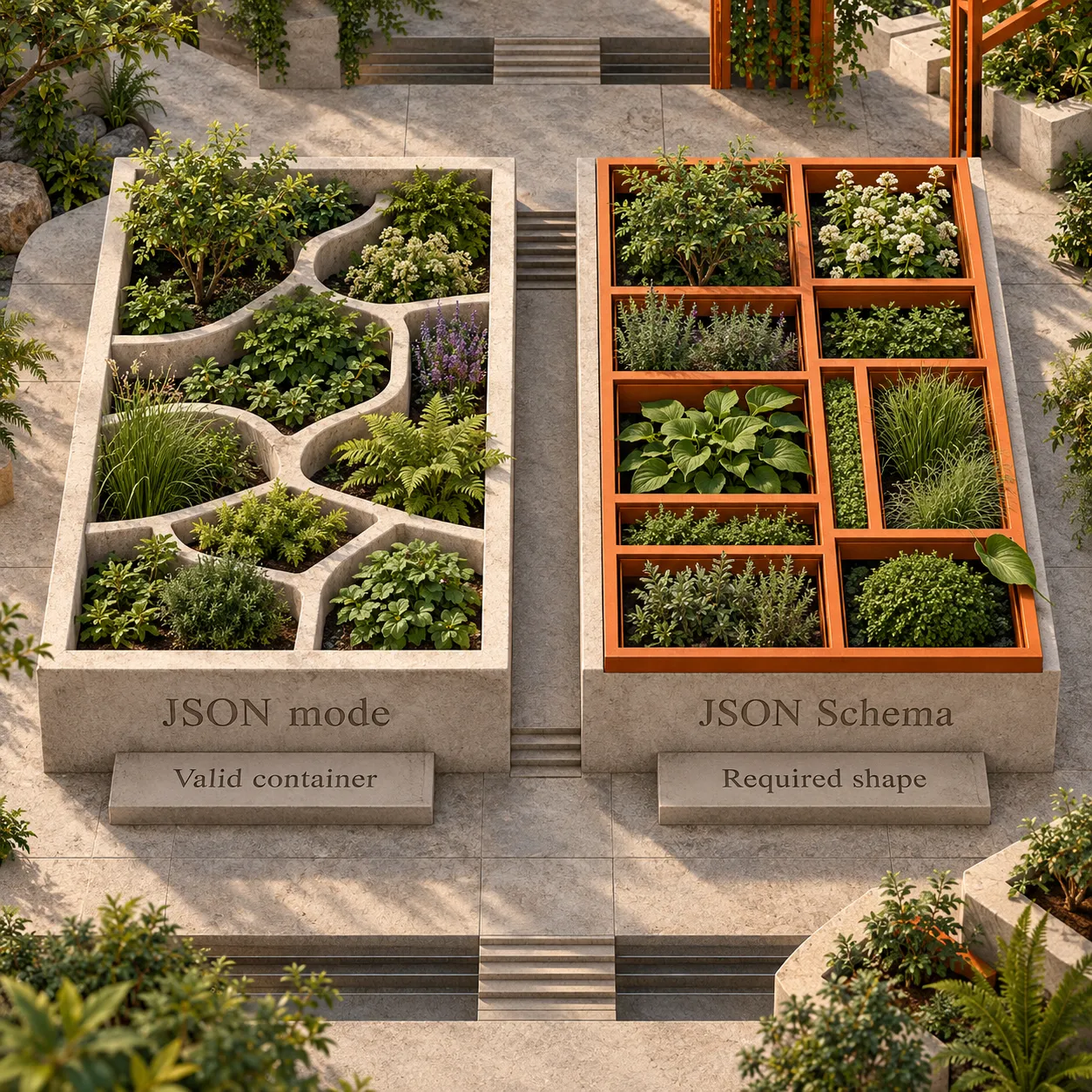 Two architectural garden beds compare a valid container with compartments constrained to a required shape