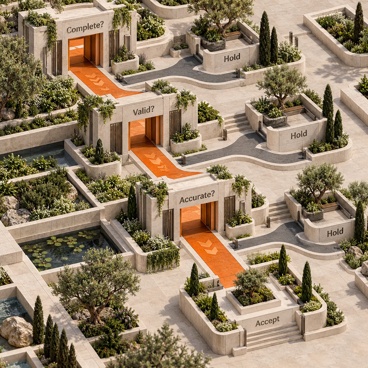 An architectural path passes completion, validity and accuracy checkpoints, each with a hold route, before reaching acceptance