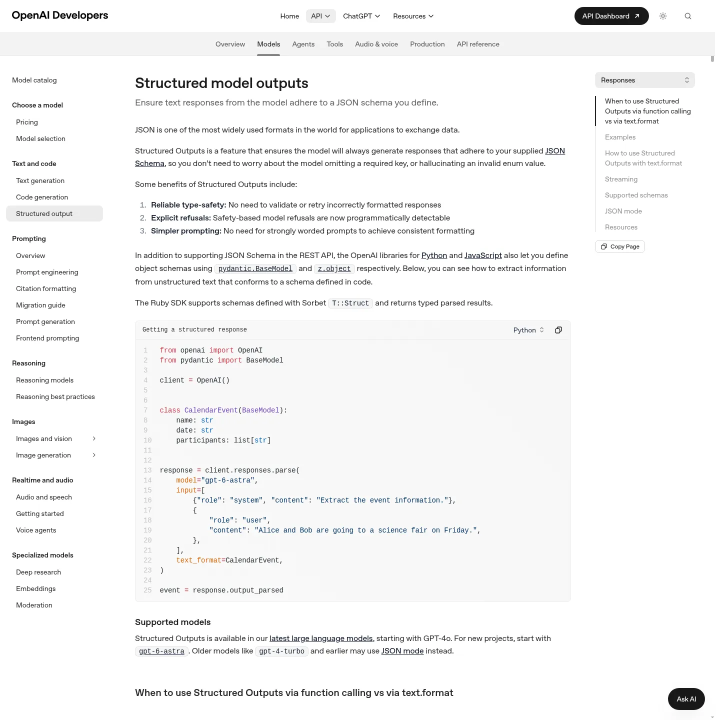 OpenAI's official structured model outputs documentation