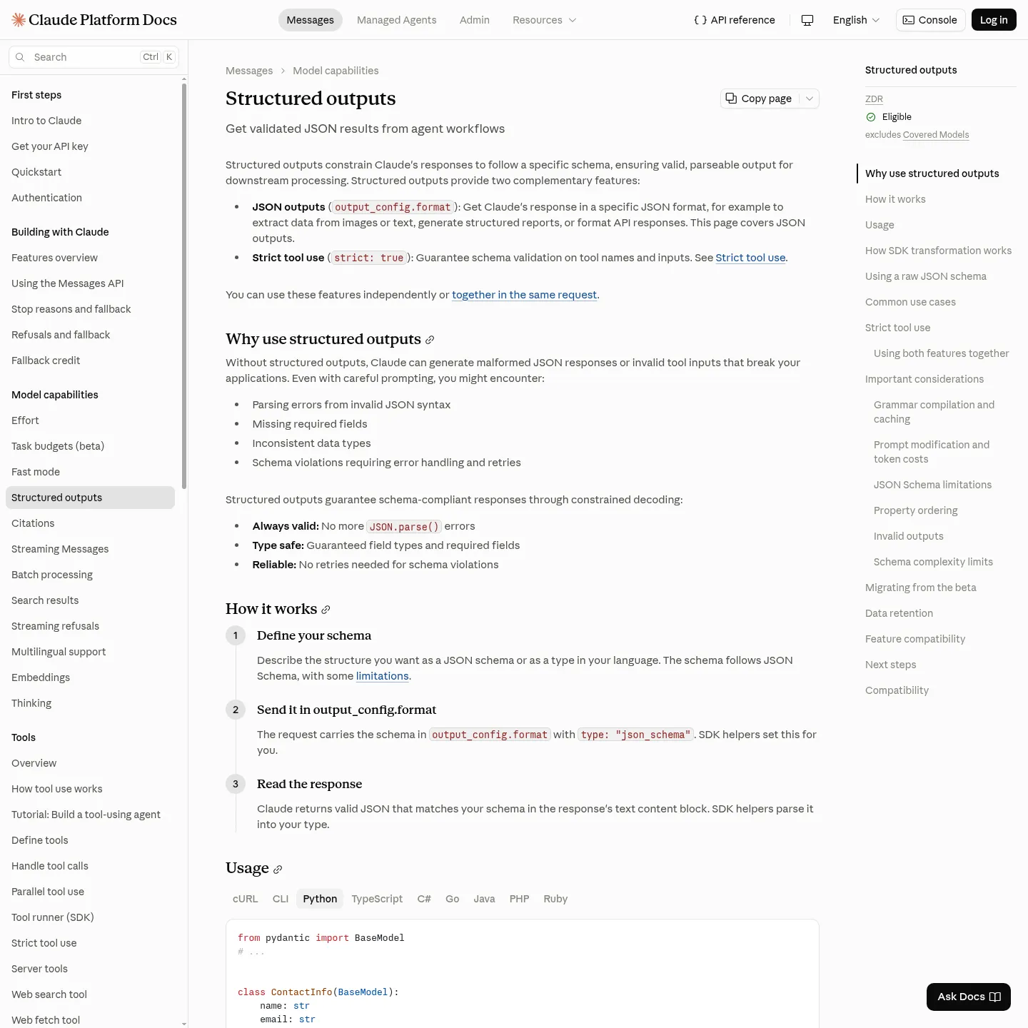 Anthropic's official Claude structured outputs documentation