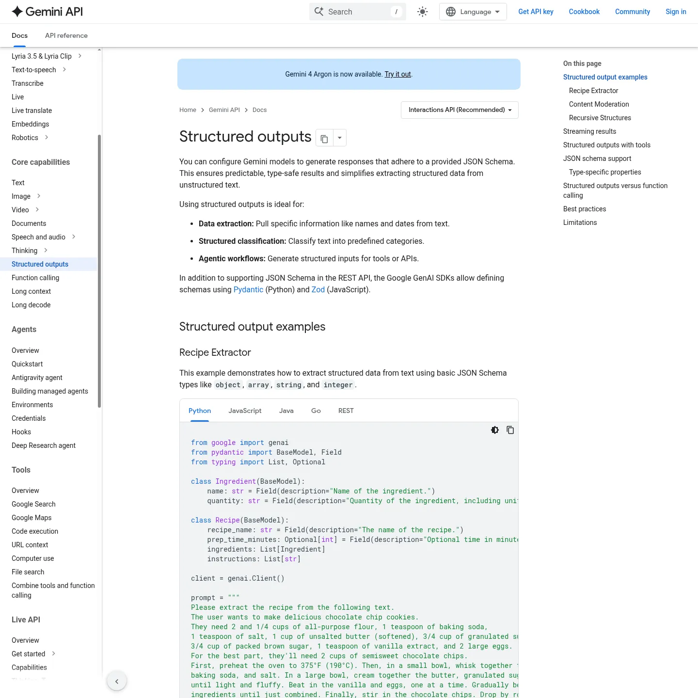 Google Gemini's official structured outputs documentation