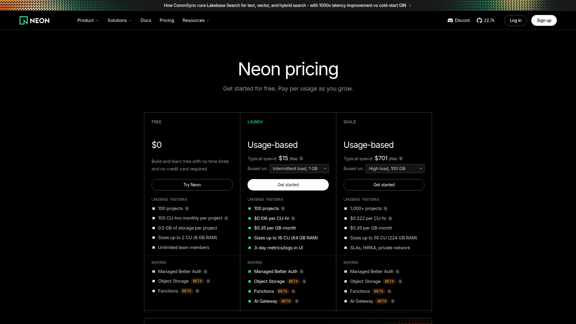 Neon pricing page showing Free, Launch, and Scale usage-based plans