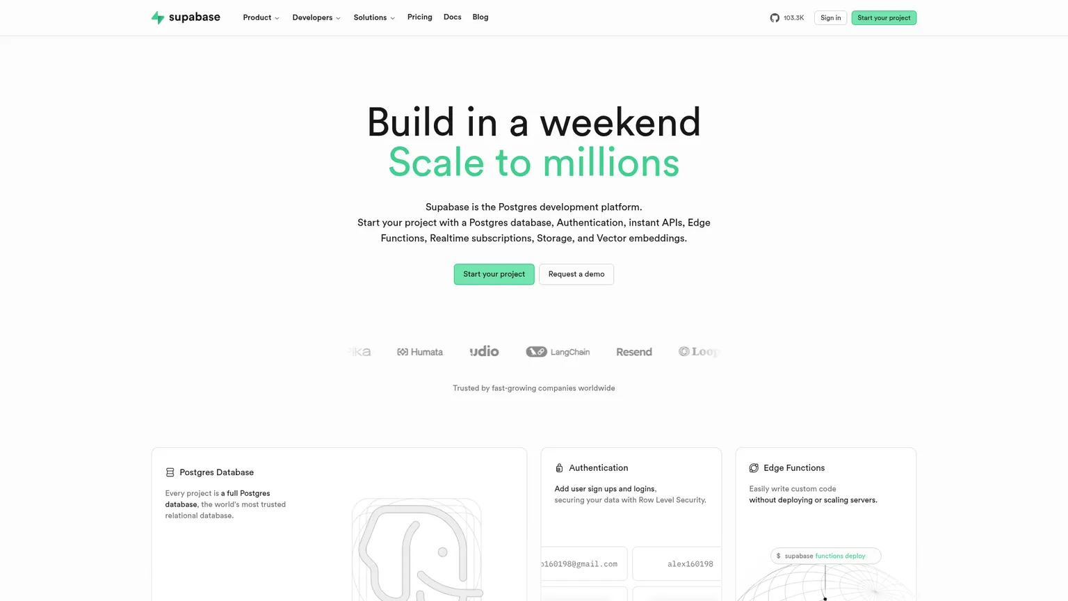 Supabase dashboard and homepage