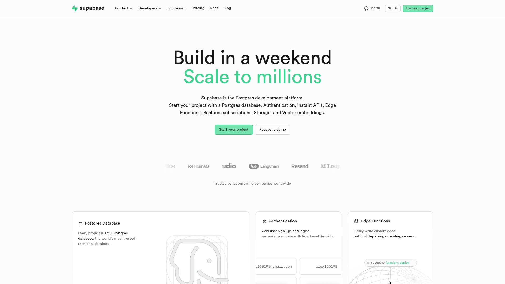 Supabase dashboard and homepage