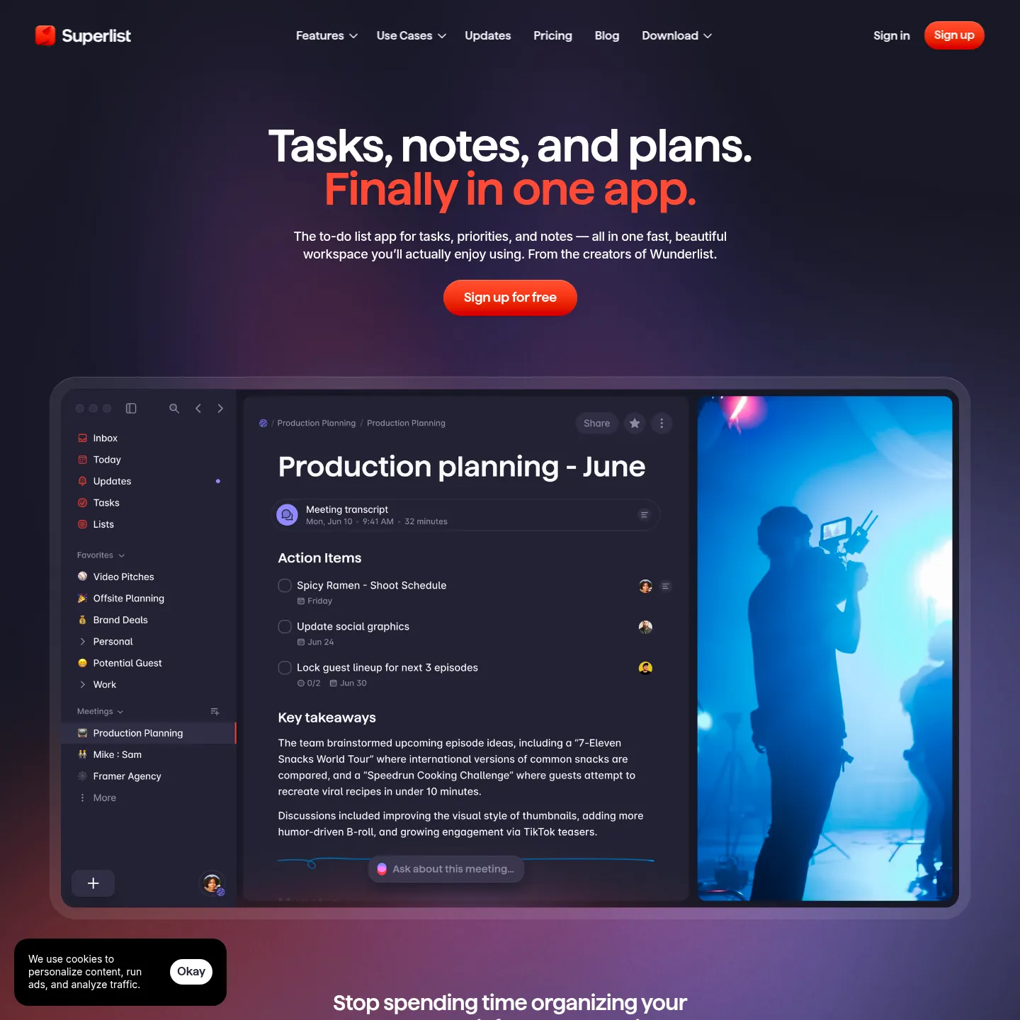 Superlist homepage showing tasks and their supporting notes