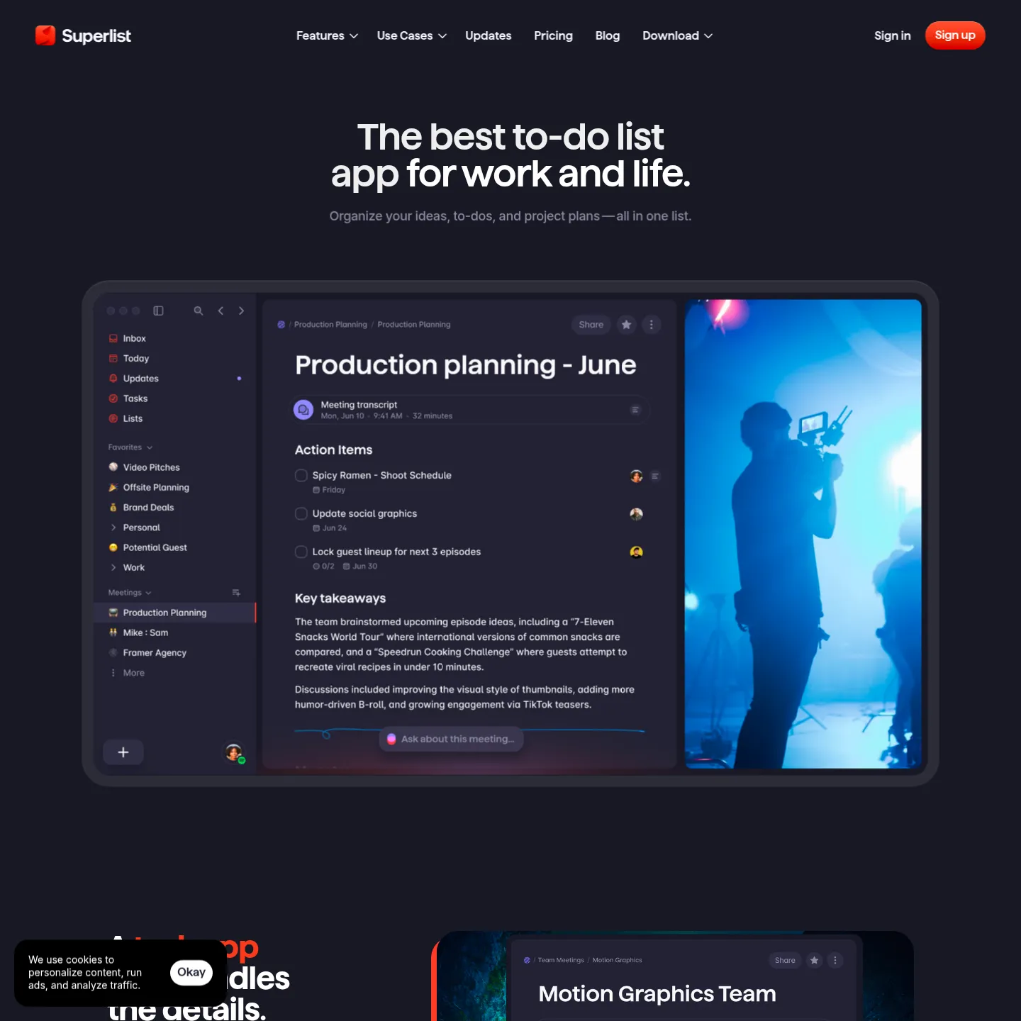 Superlist list feature page showing notes, tasks and nested work