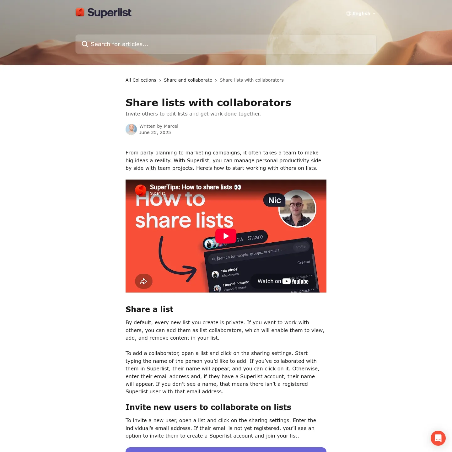 Superlist help page illustrating list invitations and collaborator access