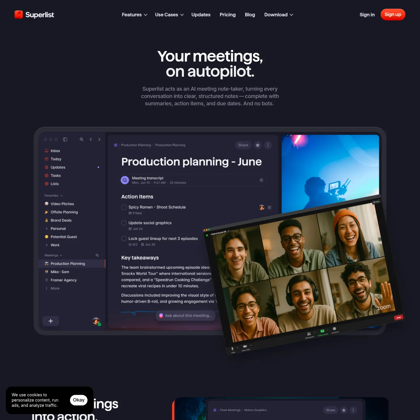 Superlist AI meeting notes page showing summaries and action items