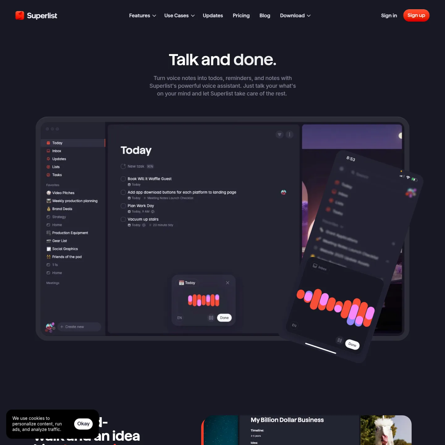 Superlist Talk feature page showing voice capture for tasks and notes