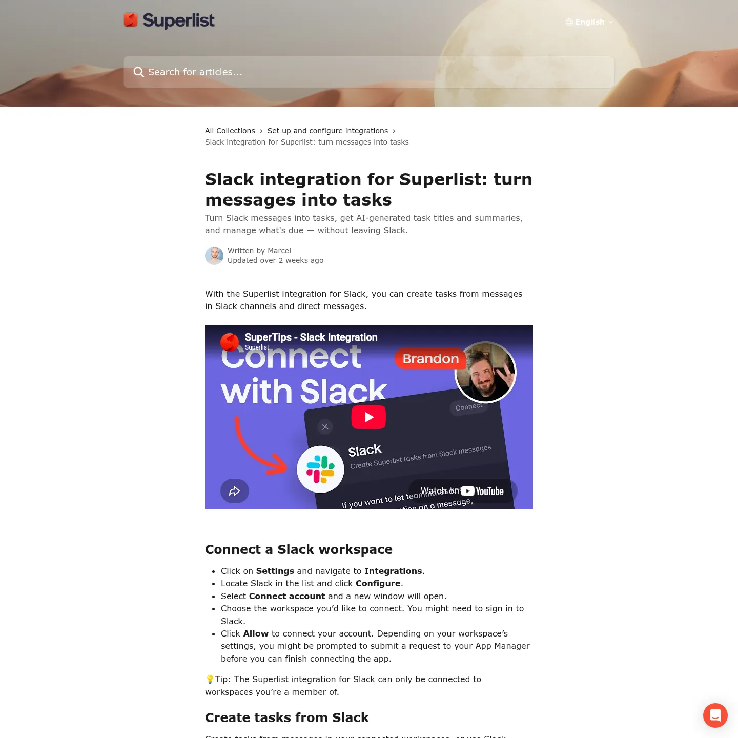 Superlist Slack integration guide with message-to-task setup