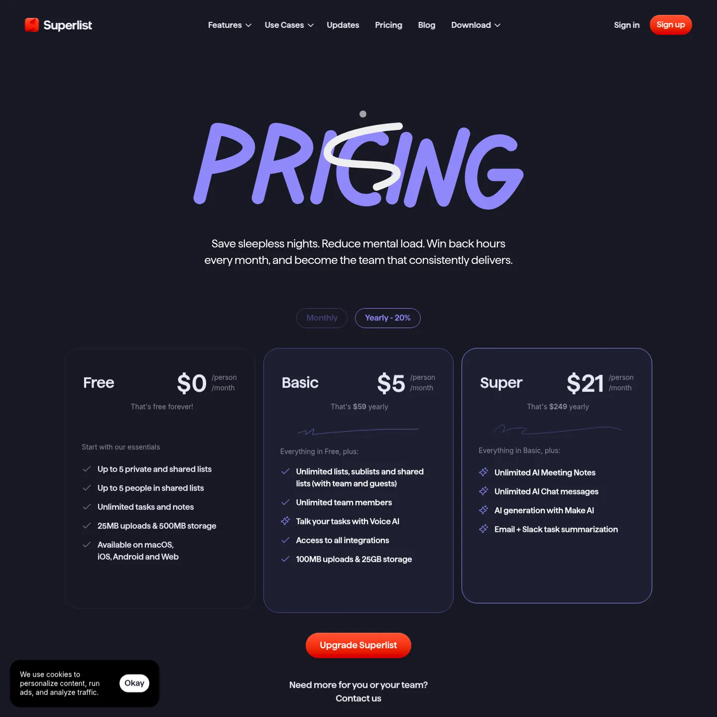 Superlist pricing page with Free, Basic and Super plans