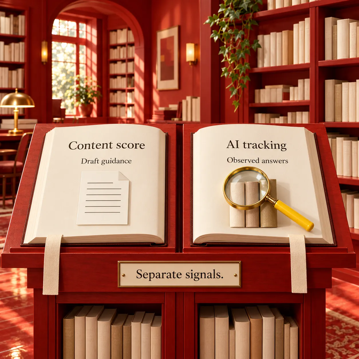 Two reference volumes distinguish content-score draft guidance from AI-tracking observed answers