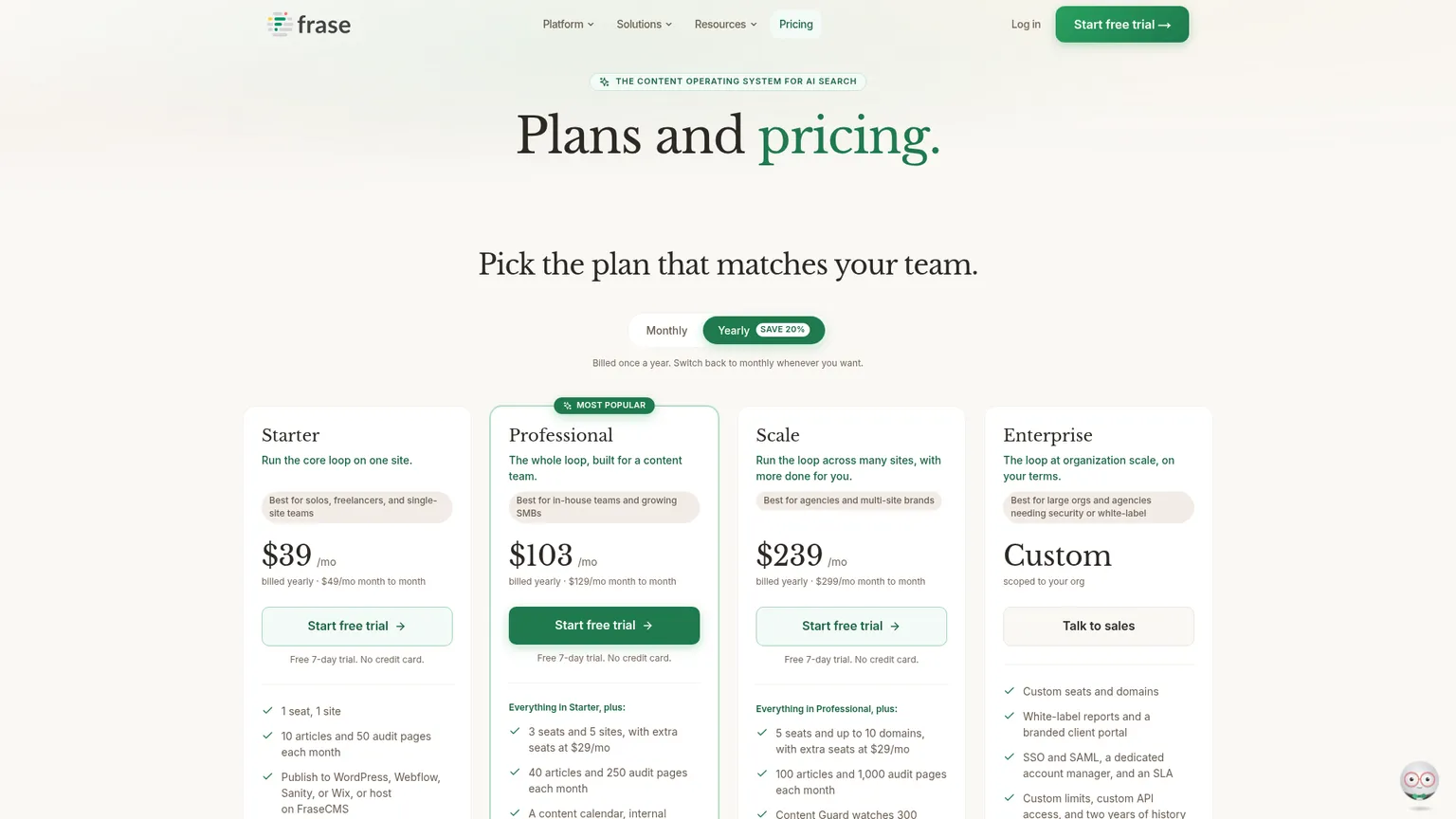 Frase pricing showing Starter, Professional and Scale with article and engine limits