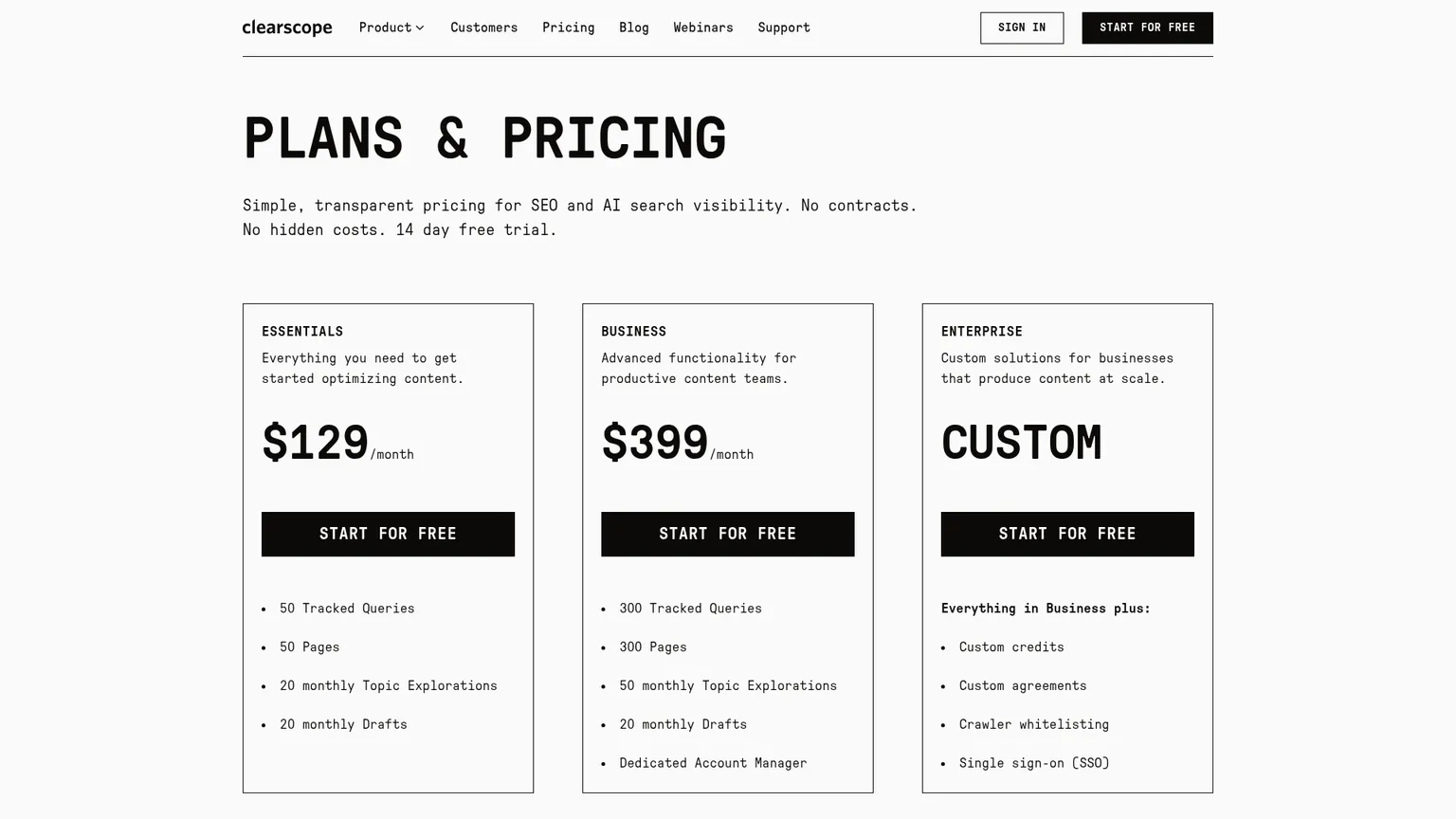 Clearscope Essentials pricing with unlimited users and included query and draft allowances