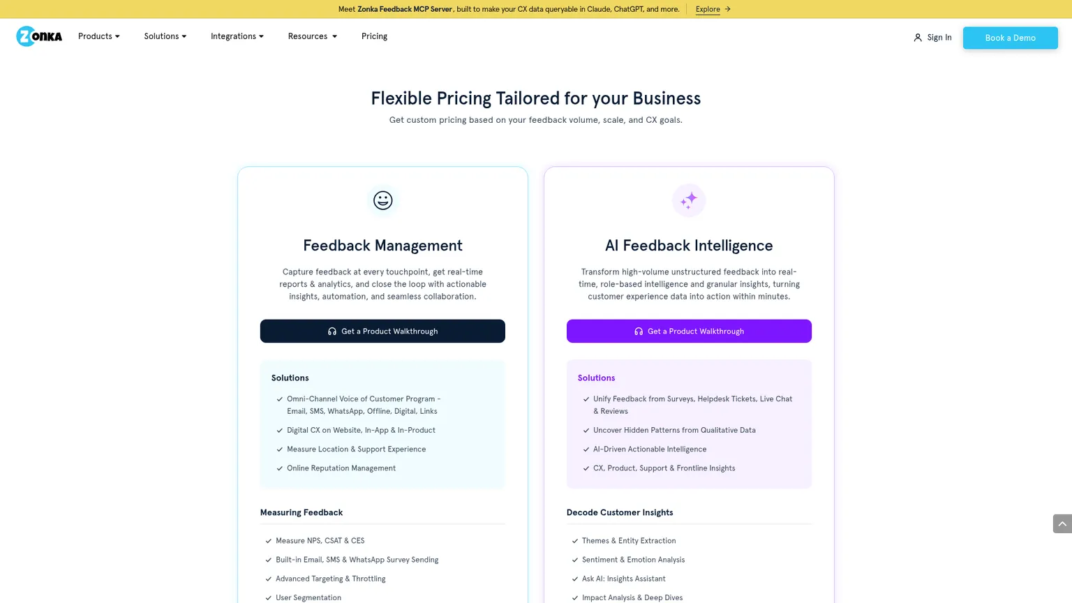 Preisseite von Zonka Feedback mit individuellen Angeboten für Feedback Management und AI Feedback Intelligence