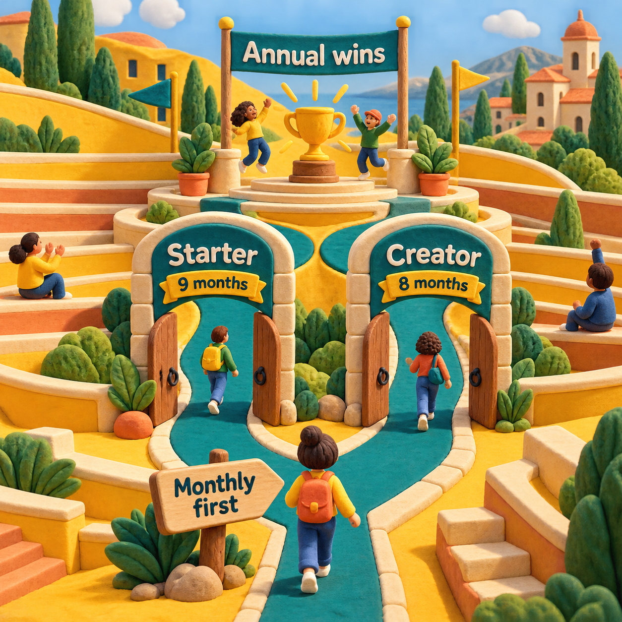 Decision path showing Synthesia annual billing winning at 9 months for Starter and 8 months for Creator
