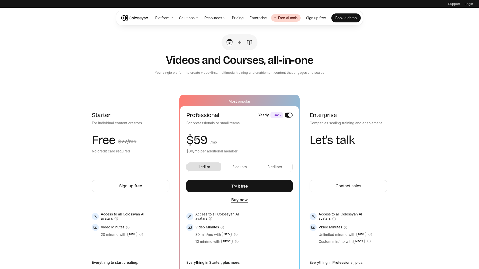 Colossyan live pricing page showing Starter, Professional, and Enterprise plans