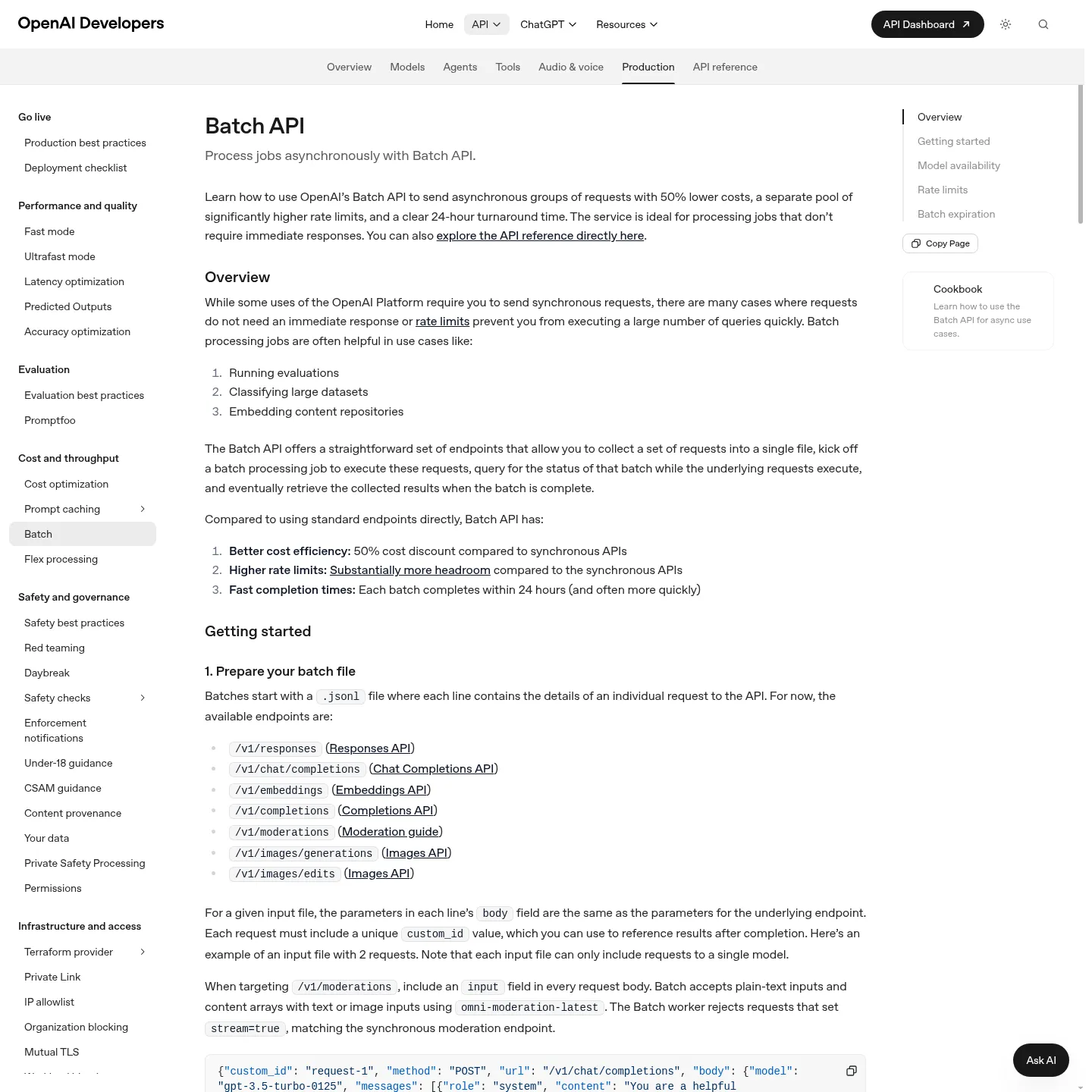 Documentation OpenAI sur l'envoi et la récupération de requêtes asynchrones par lots