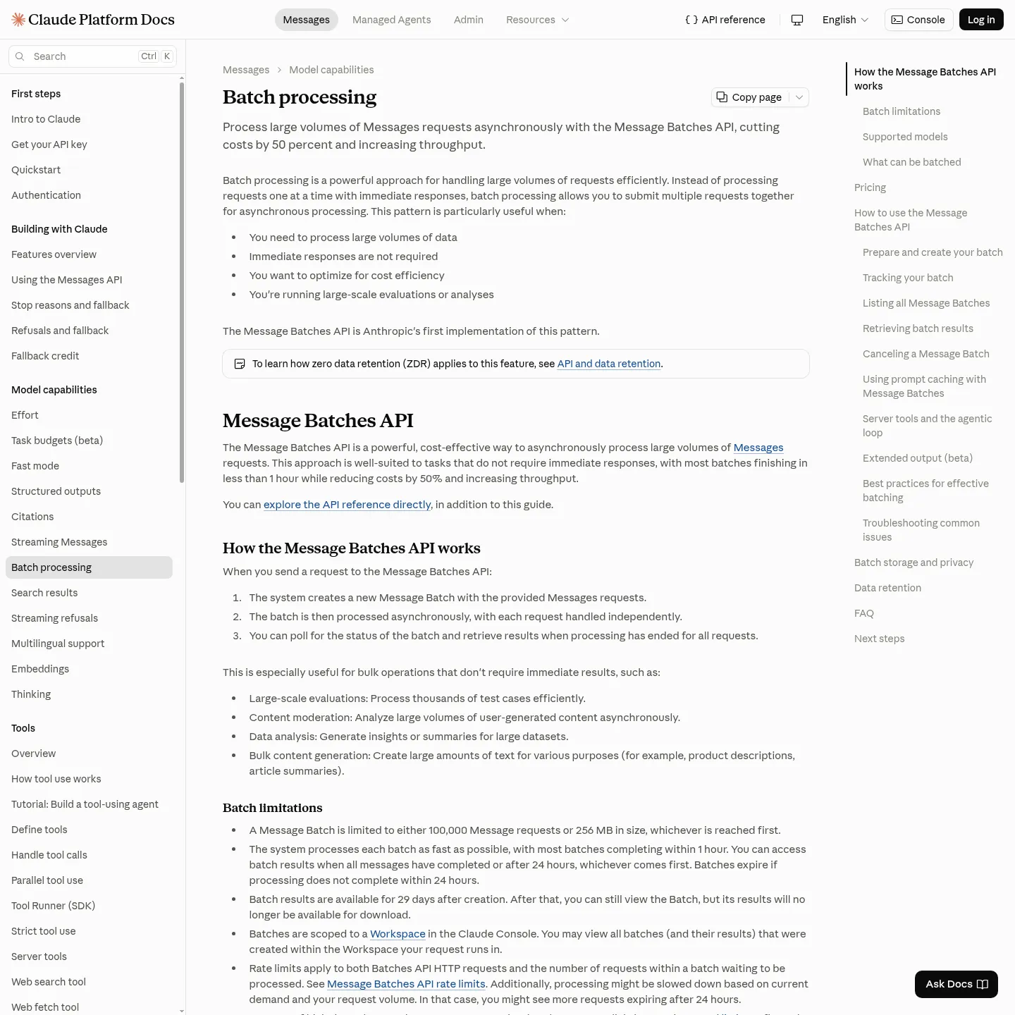Documentation Claude présentant Message Batches et les résultats de chaque requête