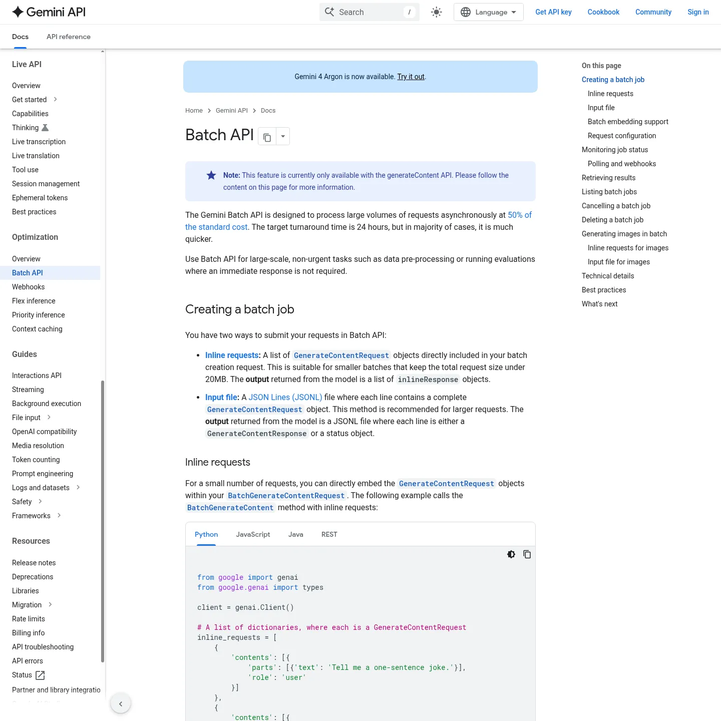 Documentation Gemini montrant l'envoi de lots directement dans l'appel ou par fichier