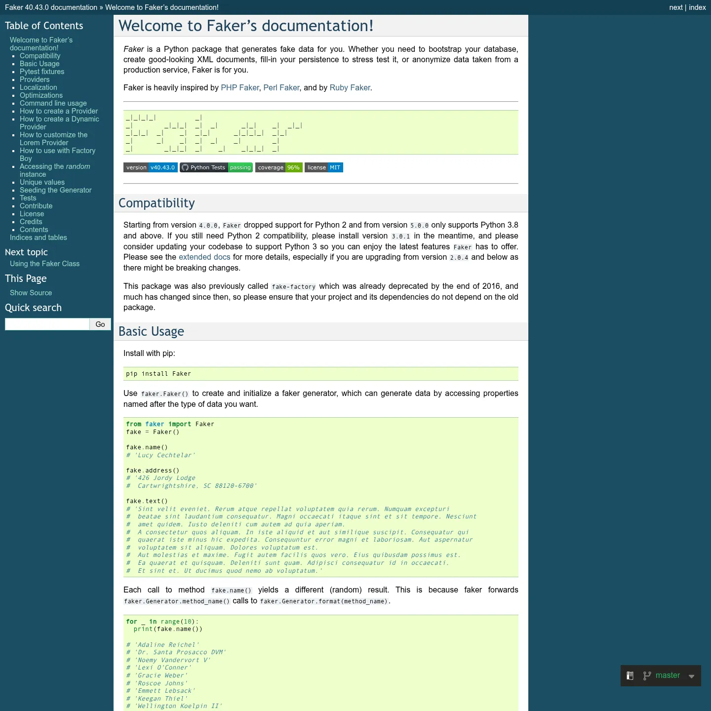 Documentation Python de Faker présentant les fournisseurs et des exemples de champs générés