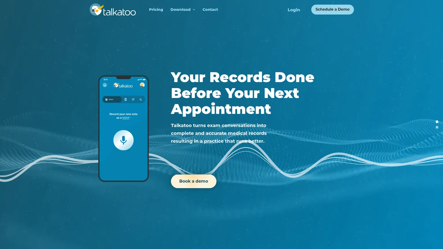 Pagina di Talkatoo dedicata a Auto Records, Call Summary, Auto Follow-Up, AI Assistant e Desktop Dictation per veterinari