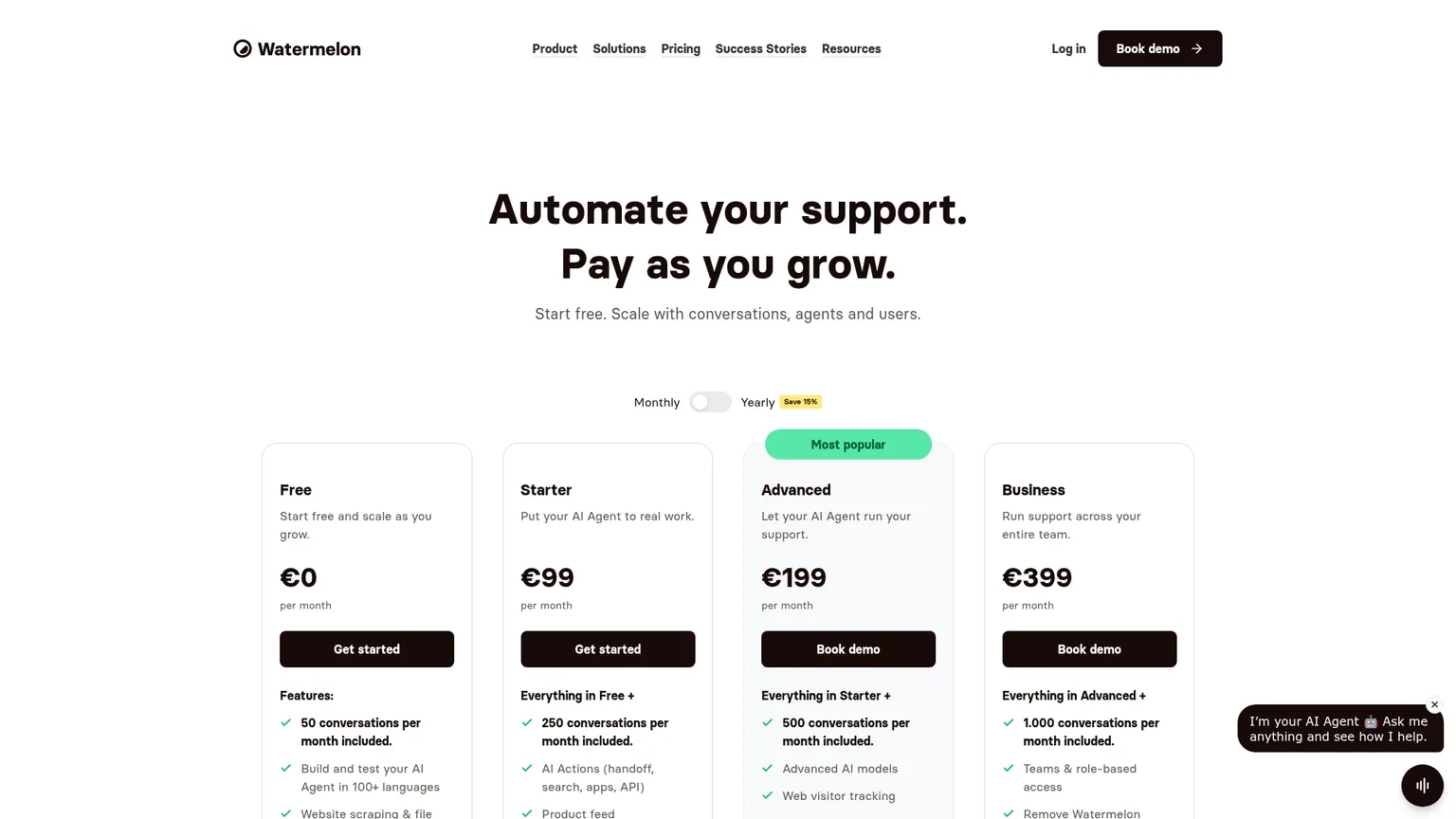 Watermelon pricing with euro plans, conversation allowances, user and action limits