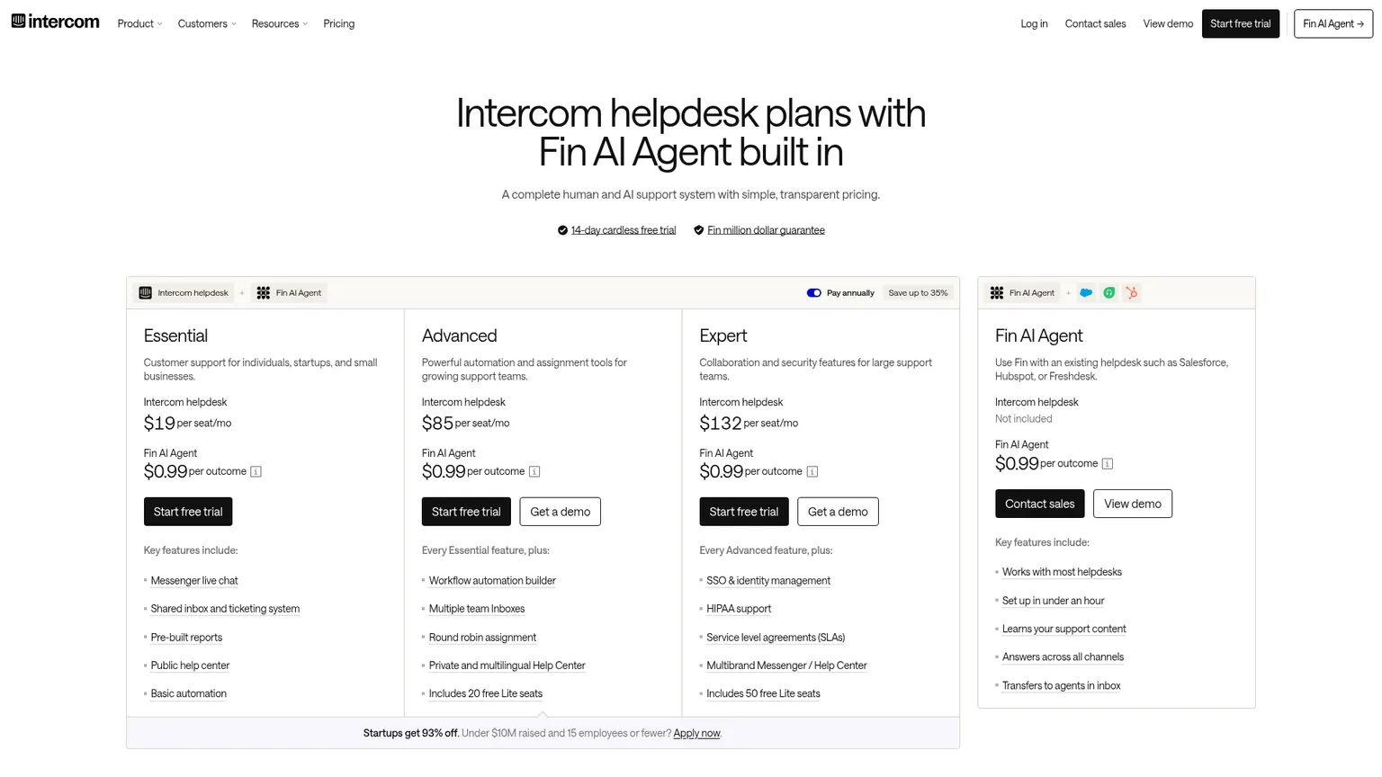 Intercom pricing for helpdesk seats and Fin outcome charges