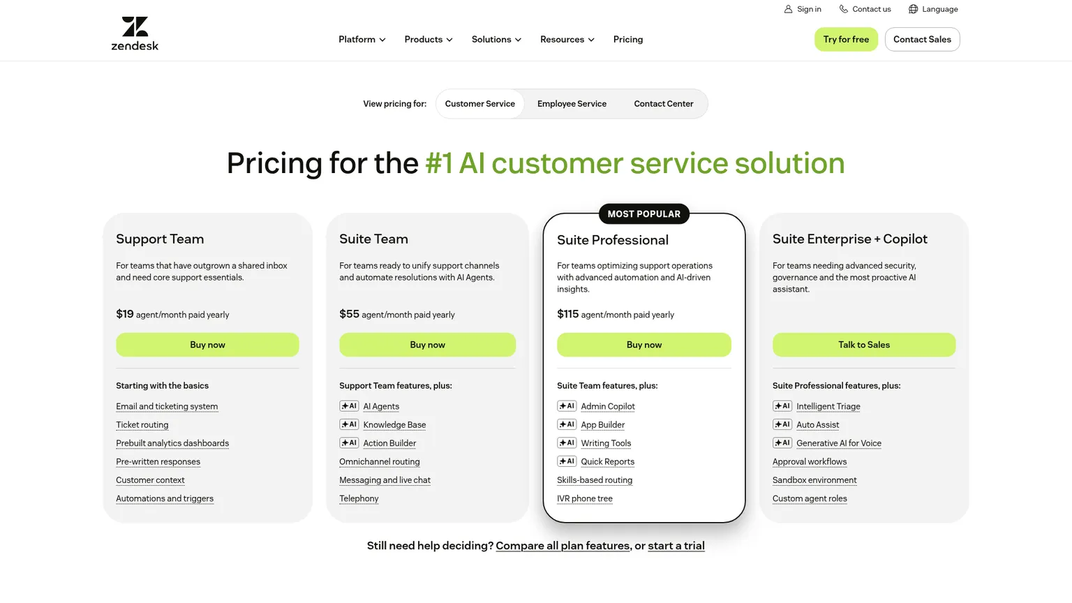 Zendesk Support and Suite pricing with agent seats, messaging and telephony features