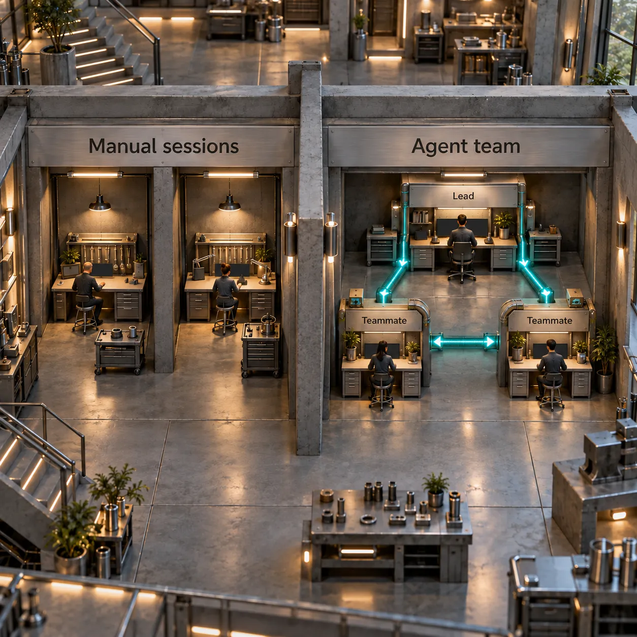 Two independent manual workspaces beside an agent team whose lead and teammates are connected.