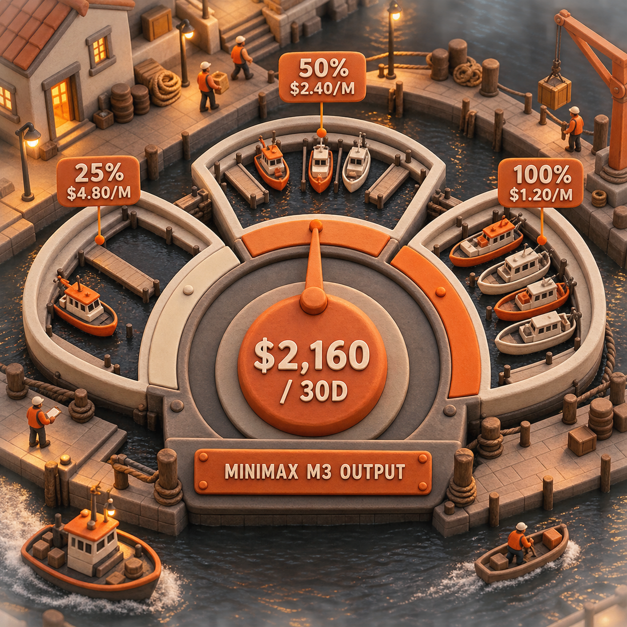 MiniMax M3 PTU occupancy gauge showing effective output price at 25, 50, and 100 percent utilization