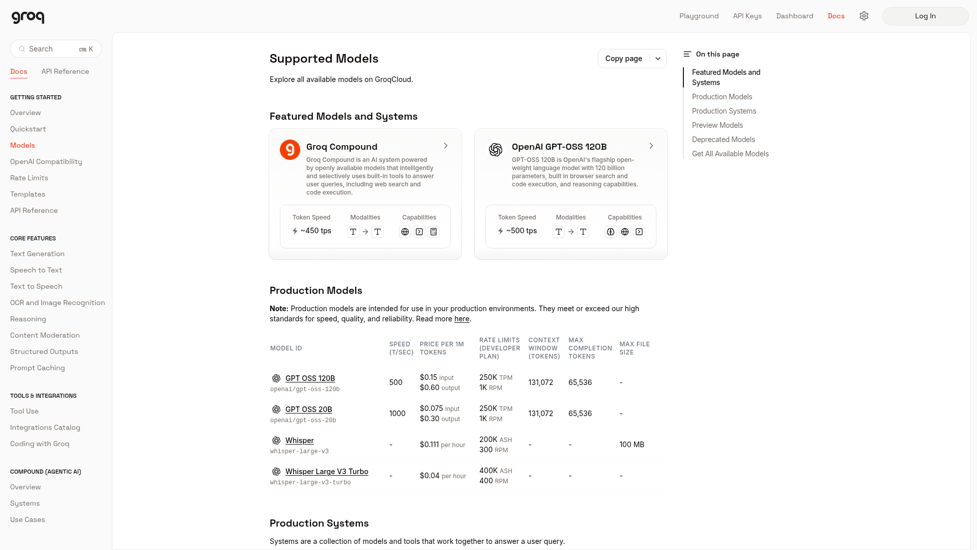 Groq supported-model documentation showing gpt-oss-120B price, speed, and rate limits