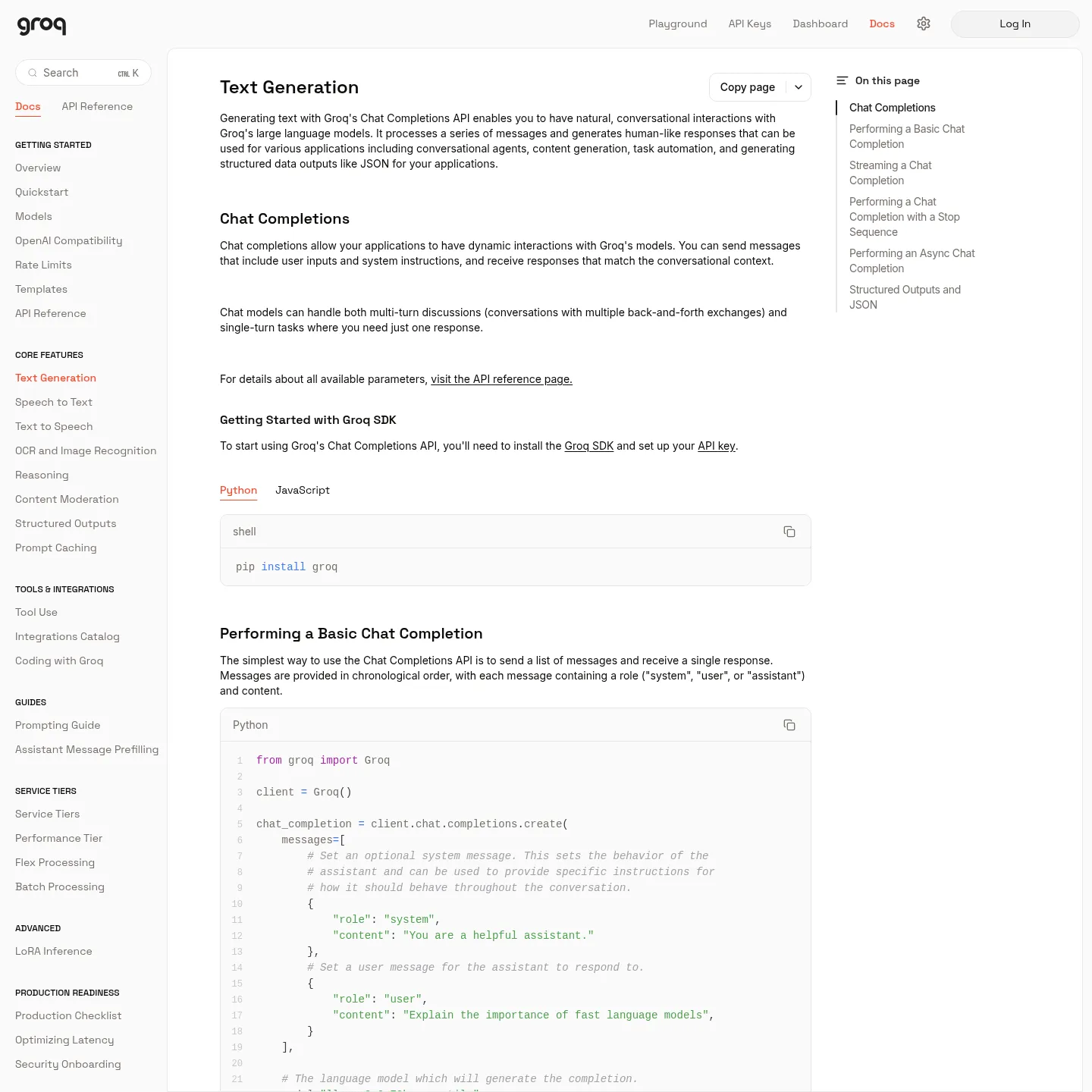 Groq documentation showing how to stream a chat completion
